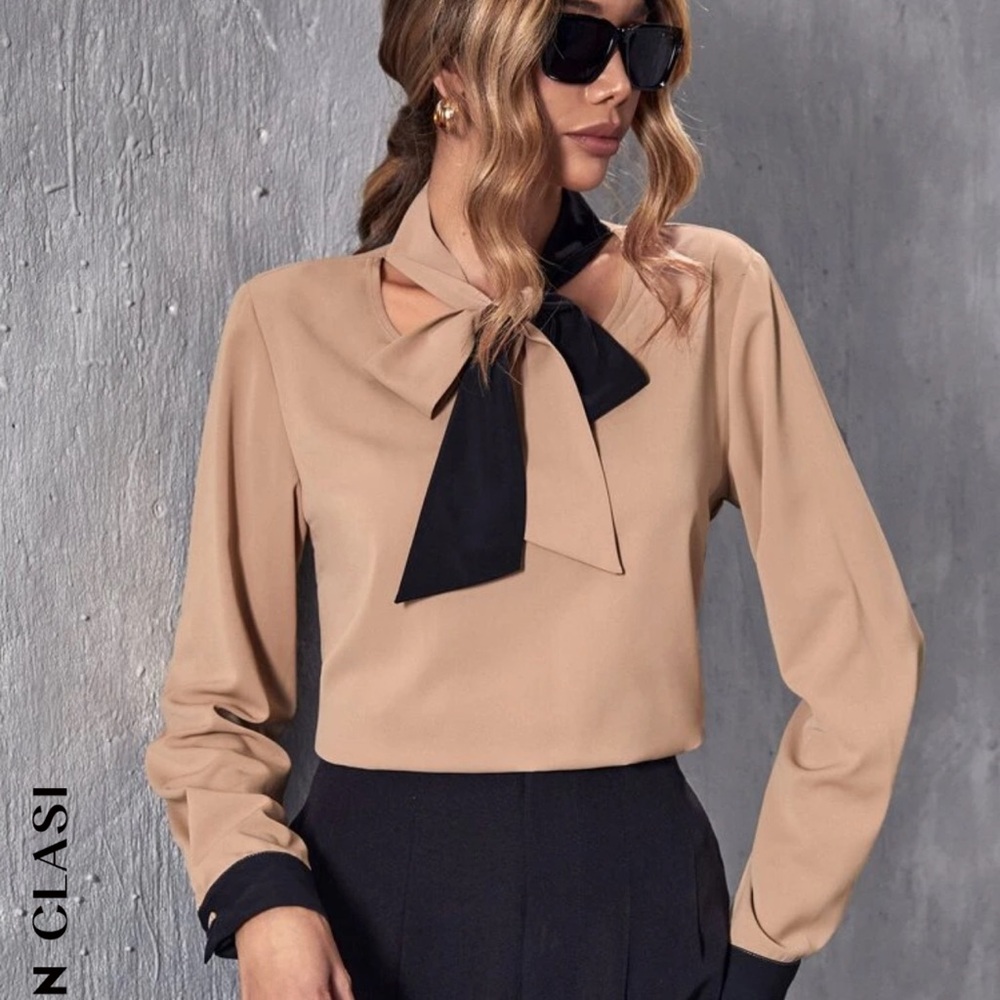 Elegant Beige and Black Bow Tie Blouse
